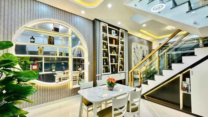 phòng khách trang trí bằng tấm ốp lam sóng